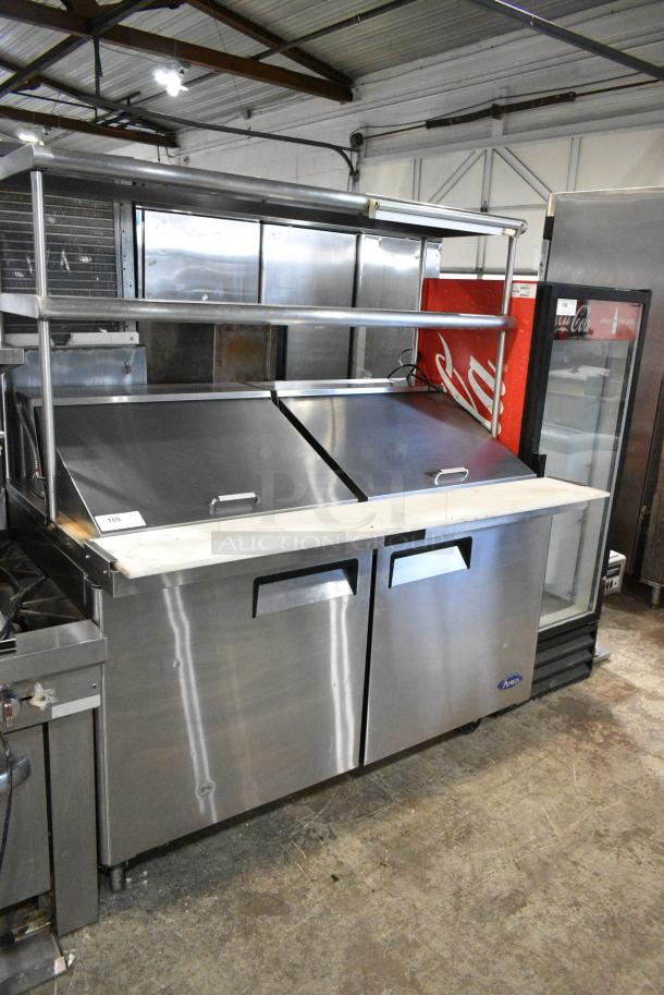 2021 Atosa MSF8307GR Stainless Steel Commercial Sandwich Salad Prep Table Bain Marie Mega Top w/ 2 Tier Over Shelf on Commercial Casters. 115 Volts, 1 Phase. Tested and Working! - Image 1 of 9