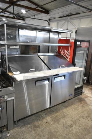 2021 Atosa MSF8307GR Stainless Steel Commercial Sandwich Salad Prep Table Bain Marie Mega Top w/ 2 Tier Over Shelf on Commercial Casters. 115 Volts, 1 Phase. Tested and Working!