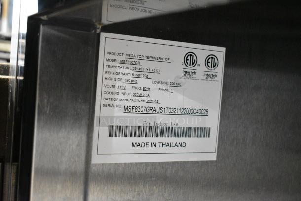 2021 Atosa MSF8307GR Stainless Steel Commercial Sandwich Salad Prep Table Bain Marie Mega Top w/ 2 Tier Over Shelf on Commercial Casters. 115 Volts, 1 Phase. Tested and Working! - Image 9 of 9