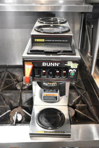 Bunn CWTF15 Stainless Steel Commercial Countertop 3 Burner Coffee Machine w/ Hot Water Dispenser and Poly Brew Basket. 120 Volts, 1 Phase.