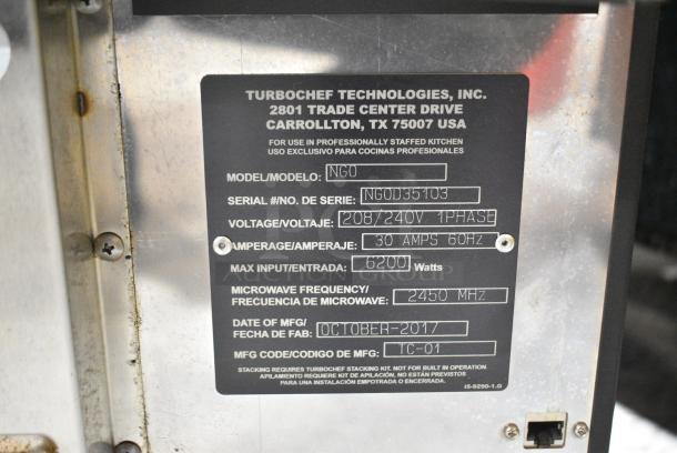 2017 Turbochef NGO Metal Commercial Countertop Electric Powered Rapid Cook Oven. 208/240 Volts, 1 Phase. - Image 7 of 7