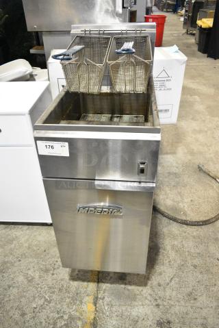 Imperial Stainless Steel Commercial Floor Style Electric Powered Deep Fat Fryer w/ 2 Metal Fry Basket. 208 Volts.