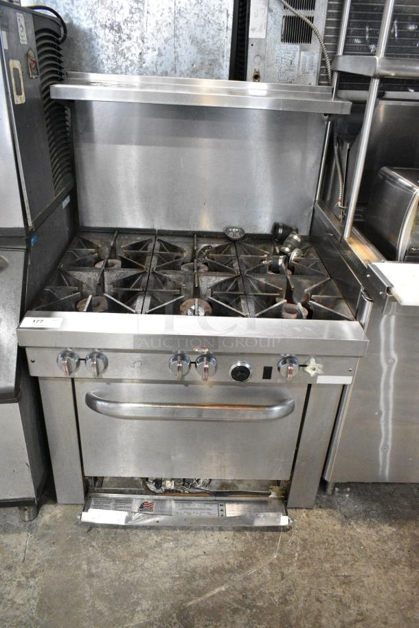 Southbend S36D-7N Stainless Steel Commercial Natural Gas Powered 6 Burner Range w/ Oven, Over Shelf and Back Splash. - Image 1 of 7