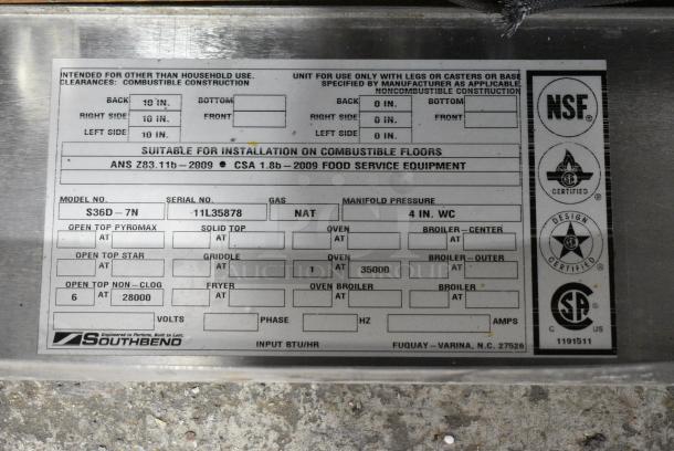 Southbend S36D-7N Stainless Steel Commercial Natural Gas Powered 6 Burner Range w/ Oven, Over Shelf and Back Splash. - Image 7 of 7