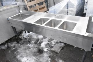 Stainless Steel 3 Bay Sink w/ Left Side Ice Bin and Dual Drain Boards.