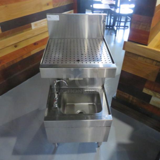 One Glastender Stainless Steel Underbar Drain Table With Under Sink With Faucet. Model# SWB-18-DB. 18X24X37. $1860.39 - Image 2 of 3