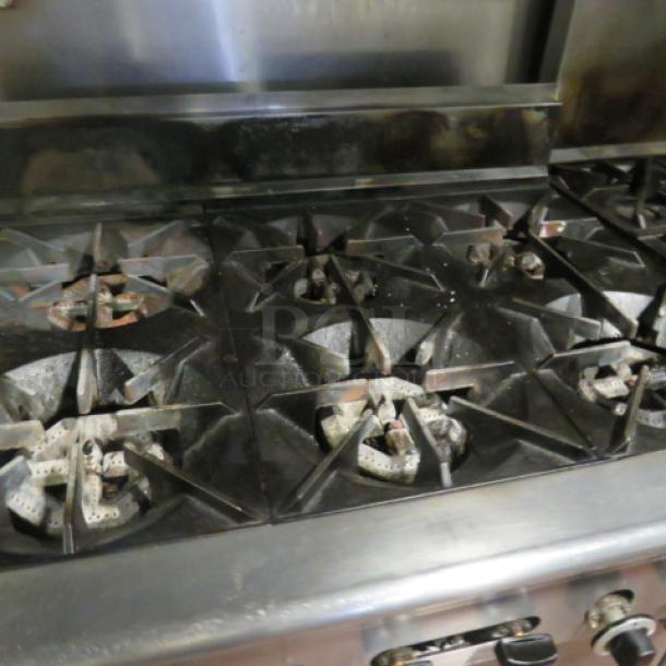 One US Range Natural Gas 6 Burner/Convection Oven With 2 Racks On Casters. Model# PS-6-26RC. 36X23X43. Tested And Working. - Image 3 of 5