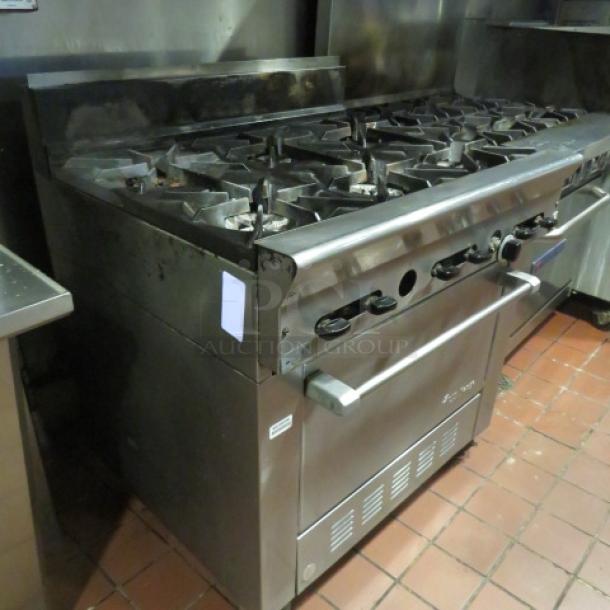 One US Range Natural Gas 6 Burner/Convection Oven With 2 Racks On Casters. Model# PS-6-26RC. 36X23X43. Tested And Working. - Image 4 of 5