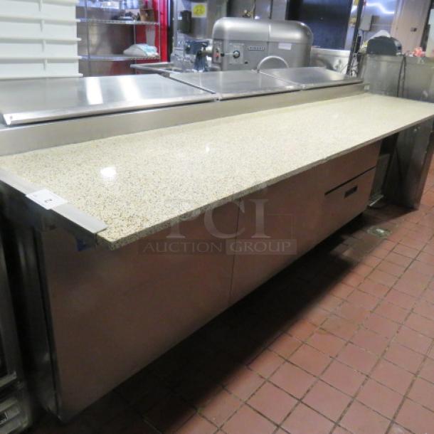 One Delfield 2 Door, 2 Drawer MEGA Top Refrigerated  Pizza Prep Table With A Custom Made 24 Inch Marble Top Board And 2 Racks On Casters. Model# 186114PTB. 115 Volt. $14,691.00. TESTED AND WORKING. - Image 3 of 8