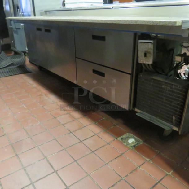 One Delfield 2 Door, 2 Drawer MEGA Top Refrigerated  Pizza Prep Table With A Custom Made 24 Inch Marble Top Board And 2 Racks On Casters. Model# 186114PTB. 115 Volt. $14,691.00. TESTED AND WORKING. - Image 5 of 8