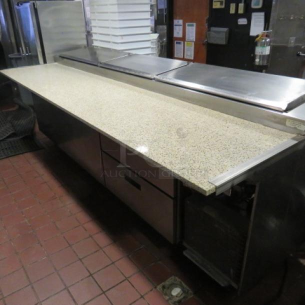 One Delfield 2 Door, 2 Drawer MEGA Top Refrigerated  Pizza Prep Table With A Custom Made 24 Inch Marble Top Board And 2 Racks On Casters. Model# 186114PTB. 115 Volt. $14,691.00. TESTED AND WORKING. - Image 6 of 8