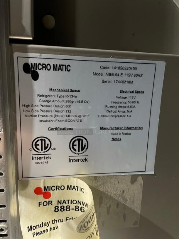 NEW! SCRATCH-N-DENT! Micro Matic Pro-Line E Series Commercial Black 3 Door Refrigerated Back Bar Cooler! With Stainless Steel Worktop! With Lock & Keys! Model: MBB-94 E SN: 17440210M! 115V 1 Phase! - Image 7 of 12