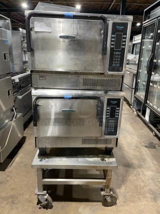 TurboChef Tornado Series Commercial Stainless Steel Electric Powered Double Stacked Rapid Cook Turbo Ovens! With Digital Touch Controls! Model: NGCD6 SN: NGCD6D14735! 208-240V! On Equipment Cart With Casters! 2X Your Bid Makes One Unit!