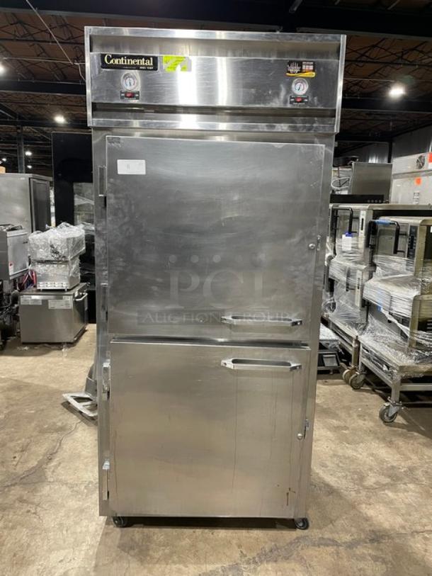 Continental Commercial Stainless Steel Solid Half Door Extra-Wide Dual Temp Reach In Refrigerator/Freezer Combo! With Poly Coated Wire Rack! Model: 1RFX-SS SN: 15238300! 115V 1 Phase! On Casters! - Image 1 of 10