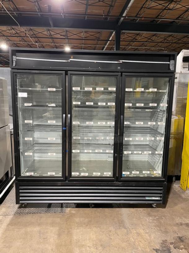 True Commercial Black Self-Contained Triple Glass Swing Door Reach In Refrigerator Merchandiser! Energy Star Certified! With LED Lighting! With Heavy Duty Poly Coated Wire Racks! Model: GDM-72-HC~TSL01 SN: 10159914! 115V 1 Phase! On Casters! - Image 1 of 12