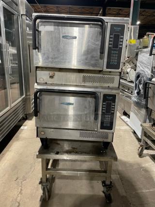 TurboChef Tornado Series Commercial Stainless Steel Electric Powered Double Stacked Rapid Cook Turbo Ovens! With Digital Touch Controls! Model: NGCD6 SN: NGCD6D13049! 208-240V! On Equipment Cart With Casters! 2X Your Bid Makes One Unit!