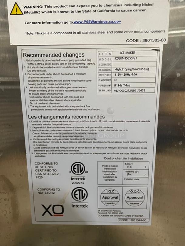 XO Commercial Stainless Steel Undercounter Single Door Reach In Gourmet Cubed Ice Making Machine/Bin Combo! Model: XOUIM1565SP/1 SN: VE/1O030272N501/0676! 115V! - Image 6 of 10