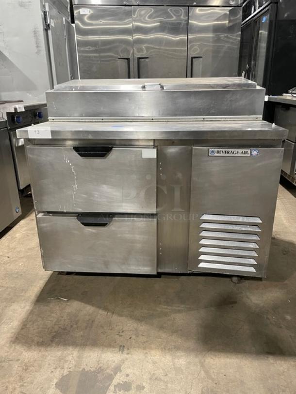 Beverage-Air Commercial Stainless Steel 2 Drawer Refrigerated Bain Marie Style Mega Top Pizza Prep Table! Model: DPD46-2 SN:12305544! 115V 1 Phase! On Casters! - Image 1 of 11