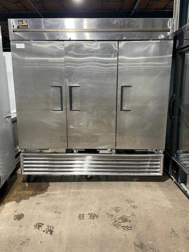 True Commercial Stainless Steel Solid 3 Door Reach In Refrigerator! With Poly Coated Wire Racks! Model: T-72 SN: 1-4870104! 115V 1 Phase! On Casters! - Image 1 of 13