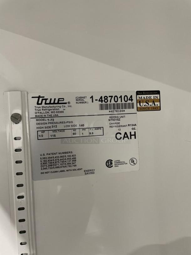 True Commercial Stainless Steel Solid 3 Door Reach In Refrigerator! With Poly Coated Wire Racks! Model: T-72 SN: 1-4870104! 115V 1 Phase! On Casters! - Image 8 of 13