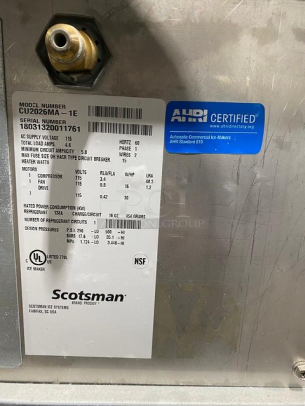 Scotsman Commercial Stainless Steel Undercounter Automatic Medium Cubed Ice Maker Machine! With Ergonomic Sliding Bin Lid! Model: CU2026MA-1E SN: 18031320011761! 115V 1 Phase! - Image 8 of 9