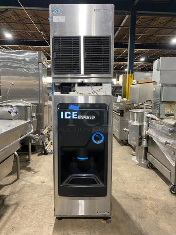 Hoshizaki Commercial Stainless Steel Cresent Cube Style Ice Making Machine Head! Model: KM-320MAH SN: E09158E! 115-120V 1 Phase! With Hoshizaki Commercial Ice Dispensing Bin! With Push Button Dispenser! Model: DB-130H SN: Q52159D! 115V 1 Phase! On Legs! - Image 1 of 12