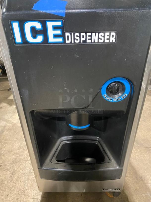 Hoshizaki Commercial Stainless Steel Cresent Cube Style Ice Making Machine Head! Model: KM-320MAH SN: E09158E! 115-120V 1 Phase! With Hoshizaki Commercial Ice Dispensing Bin! With Push Button Dispenser! Model: DB-130H SN: Q52159D! 115V 1 Phase! On Legs! - Image 5 of 12