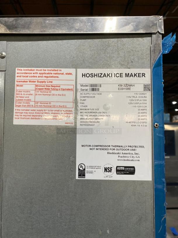 Hoshizaki Commercial Stainless Steel Cresent Cube Style Ice Making Machine Head! Model: KM-320MAH SN: E09158E! 115-120V 1 Phase! With Hoshizaki Commercial Ice Dispensing Bin! With Push Button Dispenser! Model: DB-130H SN: Q52159D! 115V 1 Phase! On Legs! - Image 7 of 12