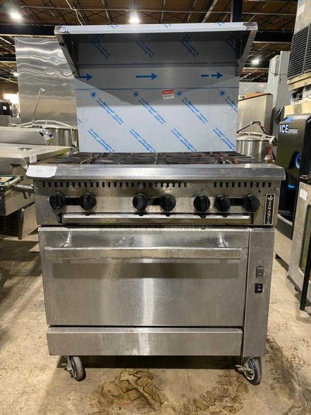 Venancio! 2022! Commercial Stainless Steel Natural Gas Powered 6 Burner Range/Convection Oven Combo! With Like New Scratch-N-Dent Back Splash & Overhead Salamander Shelf! Model: PRO36G-CO SN: 72639000003! 120V! On Casters! - Image 1 of 12