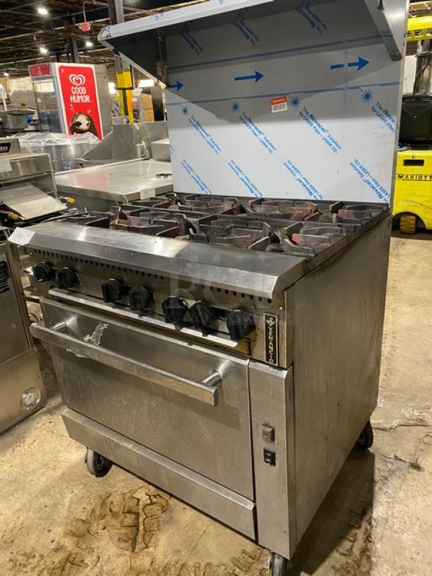 Venancio! 2022! Commercial Stainless Steel Natural Gas Powered 6 Burner Range/Convection Oven Combo! With Like New Scratch-N-Dent Back Splash & Overhead Salamander Shelf! Model: PRO36G-CO SN: 72639000003! 120V! On Casters! - Image 2 of 12