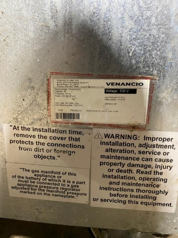 Venancio! 2022! Commercial Stainless Steel Natural Gas Powered 6 Burner Range/Convection Oven Combo! With Like New Scratch-N-Dent Back Splash & Overhead Salamander Shelf! Model: PRO36G-CO SN: 72639000003! 120V! On Casters! - Image 8 of 12