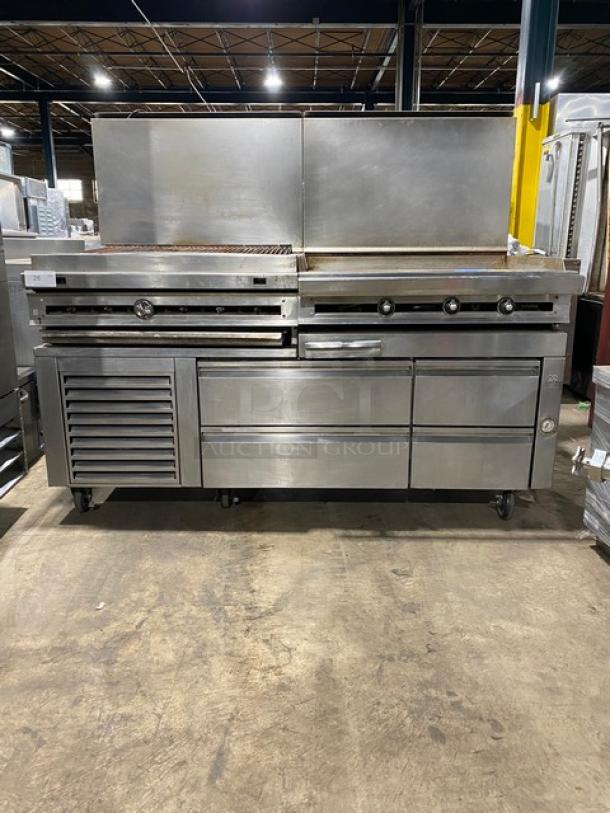 Jade Range Commercial Stainless Steel Natural Gas Powered Char Broiler/Flat Griddle Split Top Range! With 4 Drawer Self-Contained Refrigerated Chef Base/Equipment Stand! With Back Splash! Model: JRLH-04S-T-72 SN: 101566! 115V 1 Phase! On Casters! - Image 1 of 11