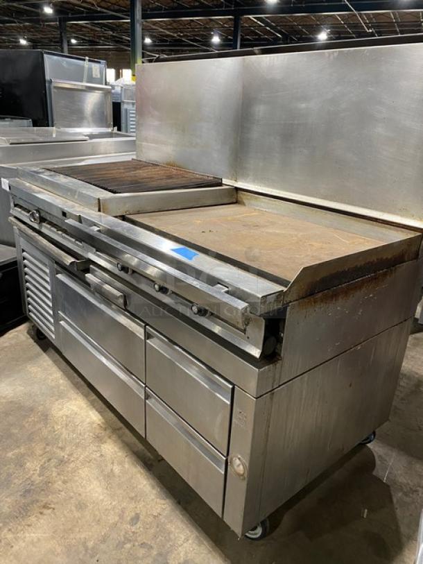 Jade Range Commercial Stainless Steel Natural Gas Powered Char Broiler/Flat Griddle Split Top Range! With 4 Drawer Self-Contained Refrigerated Chef Base/Equipment Stand! With Back Splash! Model: JRLH-04S-T-72 SN: 101566! 115V 1 Phase! On Casters! - Image 2 of 11