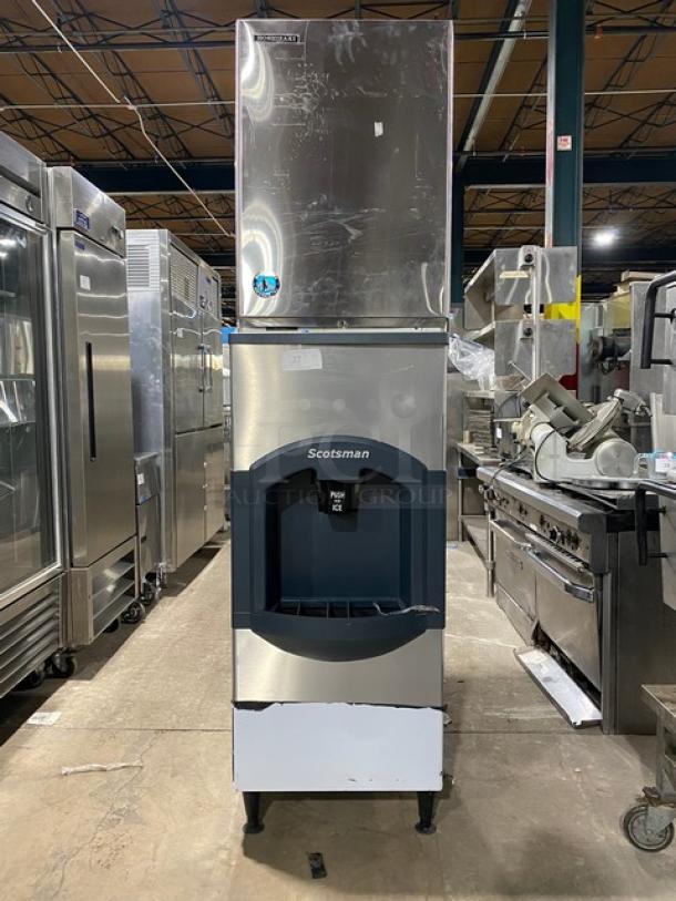 Hoshizaki Commercial Stainless Steel Modular Cresent Cube Ice Making Machine Head! Model: KM-500MWH SN: Q04141H! 115-120V 1 Phase! With Scotsman Commercial Ice Dispensing Bin! With Push Type Dispenser! On Legs! - Image 1 of 10