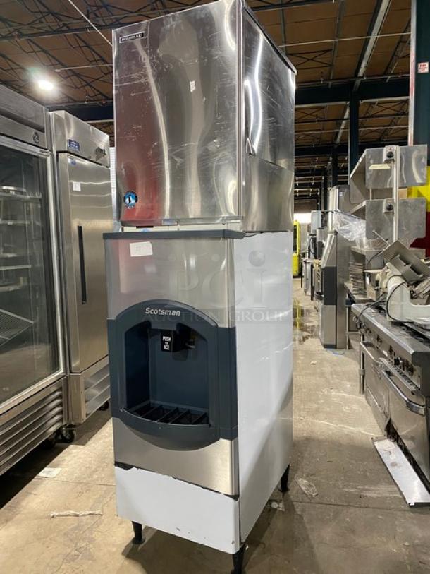 Hoshizaki Commercial Stainless Steel Modular Cresent Cube Ice Making Machine Head! Model: KM-500MWH SN: Q04141H! 115-120V 1 Phase! With Scotsman Commercial Ice Dispensing Bin! With Push Type Dispenser! On Legs! - Image 2 of 10