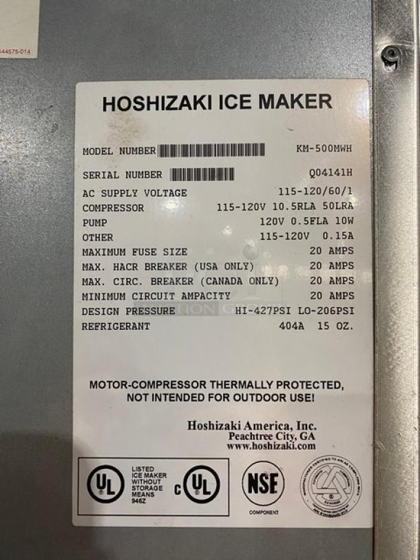 Hoshizaki Commercial Stainless Steel Modular Cresent Cube Ice Making Machine Head! Model: KM-500MWH SN: Q04141H! 115-120V 1 Phase! With Scotsman Commercial Ice Dispensing Bin! With Push Type Dispenser! On Legs! - Image 8 of 10