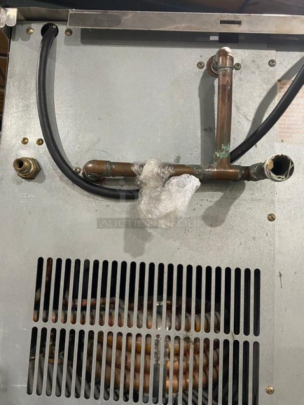 Hoshizaki Commercial Stainless Steel Modular Cresent Cube Ice Making Machine Head! Model: KM-500MWH SN: Q04141H! 115-120V 1 Phase! With Scotsman Commercial Ice Dispensing Bin! With Push Type Dispenser! On Legs! - Image 9 of 10