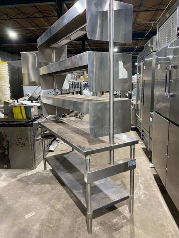 Commercial Stainless Steel Single Undershelf Worktop Table! With Triple Overhead Shelves & Side Splashes! With 3 APW Wyott Commercial Overhead Hot Food Warming Heat Lamps! Model: OH54L1R SN: FD-54L! 120V 1 Phase! On Legs! - Image 2 of 7