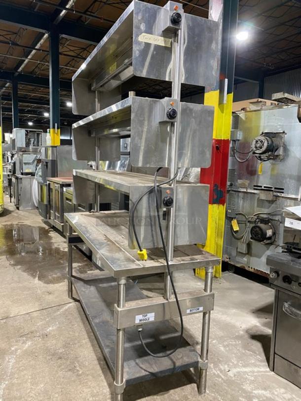 Commercial Stainless Steel Single Undershelf Worktop Table! With Triple Overhead Shelves & Side Splashes! With 3 APW Wyott Commercial Overhead Hot Food Warming Heat Lamps! Model: OH54L1R SN: FD-54L! 120V 1 Phase! On Legs! - Image 3 of 7