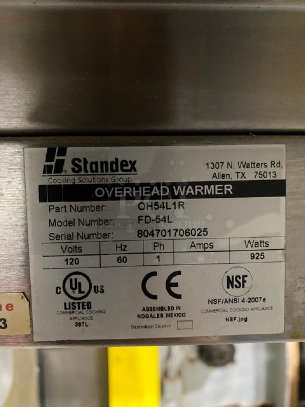 Commercial Stainless Steel Single Undershelf Worktop Table! With Triple Overhead Shelves & Side Splashes! With 3 APW Wyott Commercial Overhead Hot Food Warming Heat Lamps! Model: OH54L1R SN: FD-54L! 120V 1 Phase! On Legs! - Image 6 of 7
