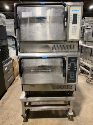 TurboChef Tornado Series Commercial Stainless Steel Electric Powered Double Stacked Rapid Cook Turbo Ovens! With Digital Touch Controls! Model: NGCD6 SN: NGCD6D13058! 208/240V! On Equipment Cart With Casters! 2X Your Bid Makes One Unit!