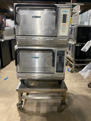 TurboChef Tornado Series Commercial Stainless Steel Electric Powered Double Stacked Rapid Cook Turbo Ovens! With Digital Touch Controls! Model: NGCD6 SN: NGCD6D14828! 208/240V! On Equipment Cart With Casters! 2X Your Bid Makes One Unit!