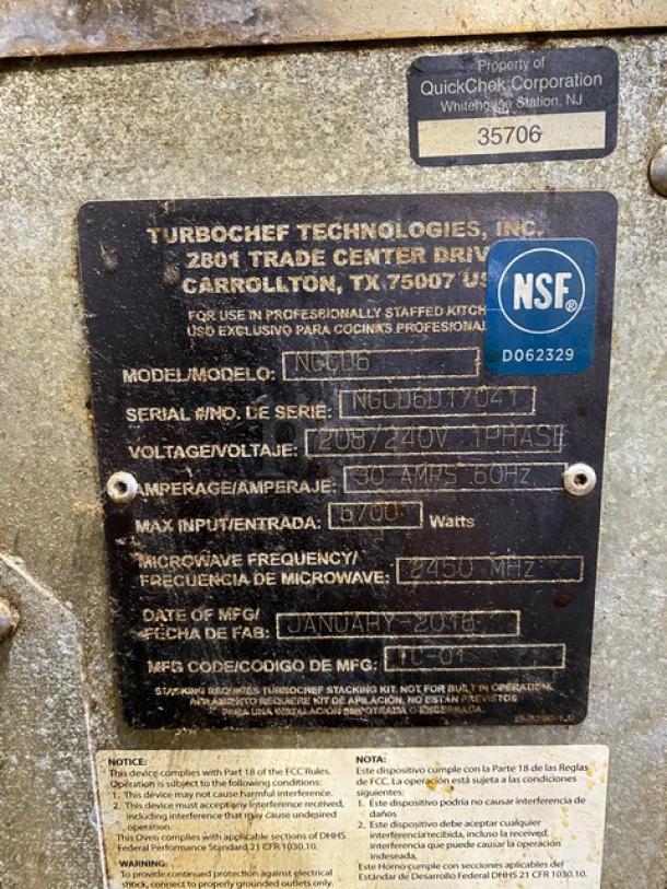 TurboChef Tornado Series Commercial Stainless Steel Electric Powered Double Stacked Rapid Cook Turbo Ovens! With Digital Touch Controls! Model: NGCD6 SN: NGCD6D17041! 208/240V! On Equipment Cart With Casters! 2X Your Bid Makes One Unit! - Image 8 of 11