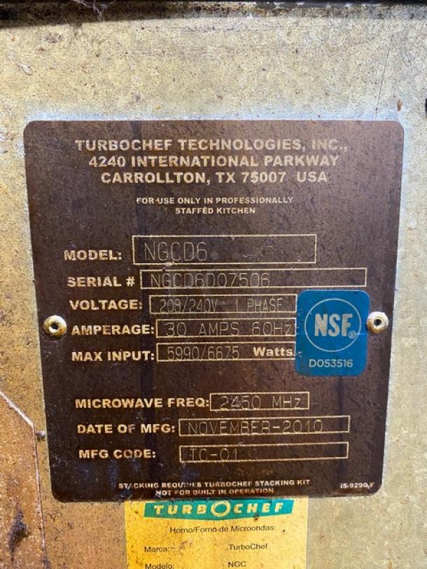 TurboChef Tornado Series Commercial Stainless Steel Electric Powered Double Stacked Rapid Cook Turbo Ovens! With Digital Touch Controls! Model: NGCD6 SN: NGCD6D07506! 208/240V! On Equipment Cart With Casters! 2X Your Bid Makes One Unit! - Image 8 of 11