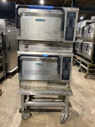 TurboChef Tornado Series Commercial Stainless Steel Electric Powered Double Stacked Rapid Cook Turbo Ovens! With Digital Touch Controls! Model: NGCD6 SN: NGCD6D14858! 208/240V! On Equipment Cart With Casters! 2X Your Bid Makes One Unit!