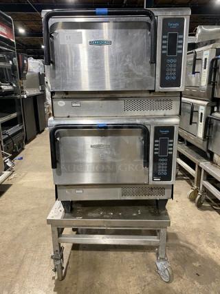 TurboChef Tornado Series Commercial Stainless Steel Electric Powered Double Stacked Rapid Cook Turbo Ovens! With Digital Touch Controls! Model: NGCD6 SN: NGCD6D17155! 208/240V! On Equipment Cart With Casters! 2X Your Bid Makes One Unit!