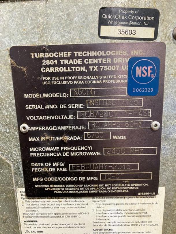 TurboChef Tornado Series Commercial Stainless Steel Electric Powered Double Stacked Rapid Cook Turbo Ovens! With Digital Touch Controls! Model: NGCD6 SN: NGCD6D17155! 208/240V! On Equipment Cart With Casters! 2X Your Bid Makes One Unit! - Image 8 of 11