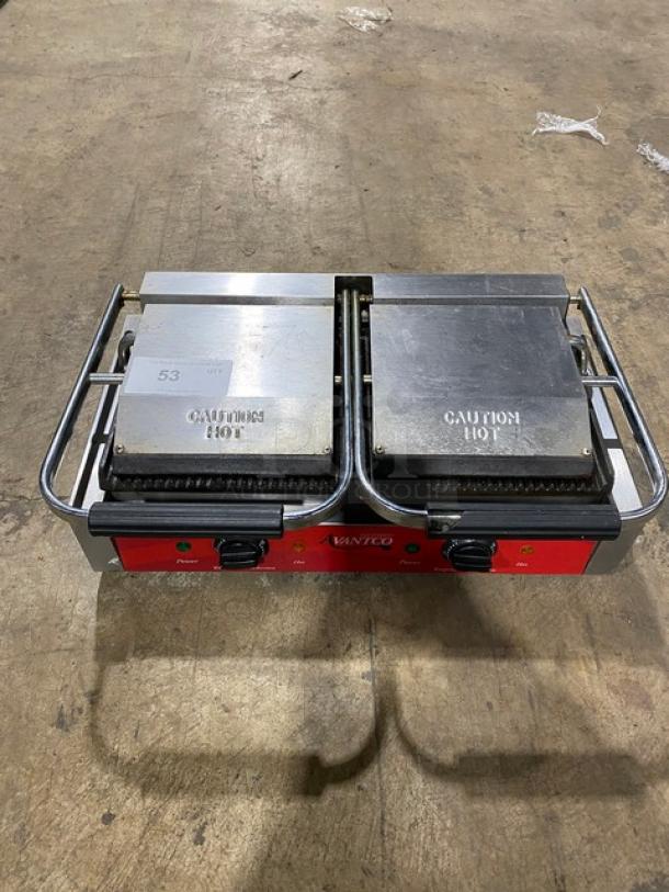 Avantco Commercial Stainless Steel Electric Powered Countertop Double Panini/Sandwich Press Grill! With Individual Thermostatic Controls! With Grooved Grates! Model: P82 SN: 03201023045! 120V! On Legs! - Image 1 of 9