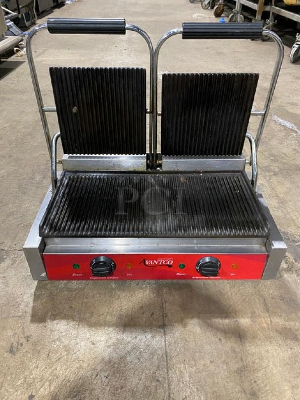 Avantco Commercial Stainless Steel Electric Powered Countertop Double Panini/Sandwich Press Grill! With Individual Thermostatic Controls! With Grooved Grates! Model: P82 SN: 03201023045! 120V! On Legs! - Image 5 of 9