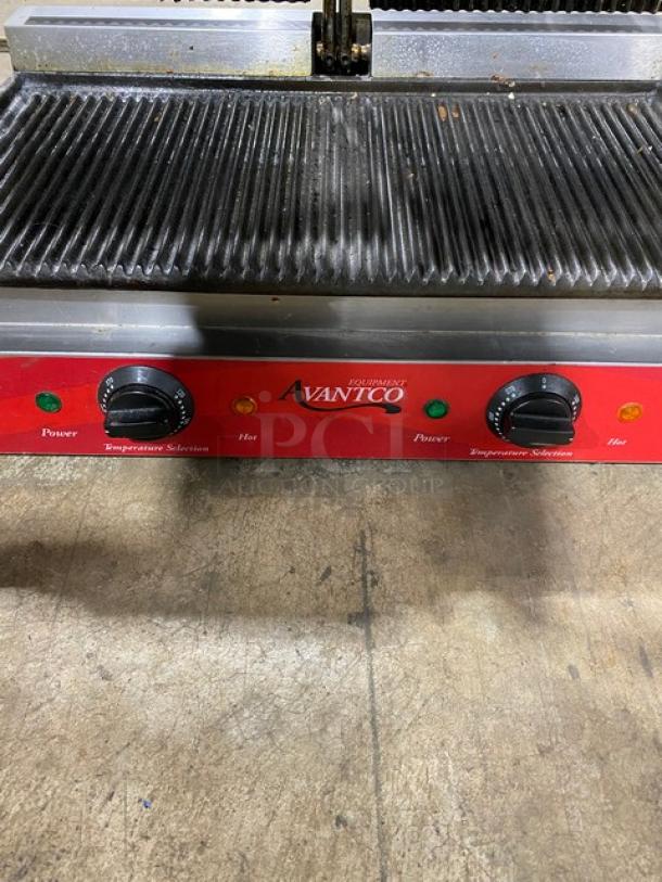 Avantco Commercial Stainless Steel Electric Powered Countertop Double Panini/Sandwich Press Grill! With Individual Thermostatic Controls! With Grooved Grates! Model: P82 SN: 03201023045! 120V! On Legs! - Image 6 of 9